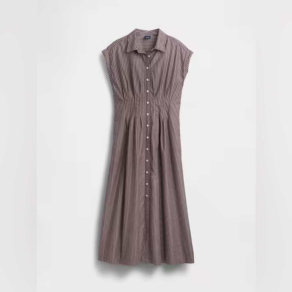 Gap Poplin Cinched Midi Shirtdress - Brown Stripe - Size M Tall - Picture 2 of 6